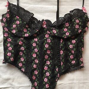 Lace teddy body suit Black mesh with pink embroidered flowers stretch Lace
